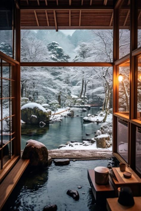 Japanese Onsen Outdoor, Japan Onsen Aesthetic, Japanese Country Home, Winter Hot Springs, Japanese Onsen Aesthetic, Home Onsen, Onsen Aesthetic, Japan Hot Springs, Onsen Kyoto