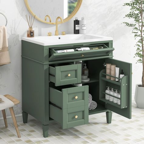 PRICES MAY VARY. [Stylish Green Vanity Set]: The adjustable hinges and slow closing design can reduce the noise during closing and bring a comfortable bathroom experience. The delicate alloy metal handles are both beautiful and durable in wet environments. The unique pattern of the bathroom cabinet has extraordinary visual enjoyment under the lamp. [Powerful Storage Space]: The bathroom cabinet is stylish and has a various storage structure. There are two spacious drawers on the left. The right Modern Bathroom Vanity Powder Room, Vintage Bathroom Vanity Ideas, Small Bathroom Vanity Designs, Dresser In Bathroom, Bathroom Sink Cabinet Ideas, Small Bathroom Cabinet Ideas, Small Bathroom Vanity Ideas, Pedestal Sink Cabinet, Tiny Bathroom Vanity