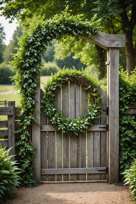 20 Farmhouse Gate Ideas For Charming Entrances - Toolz Geek Garden Gates With Arbor, Gate Garden Ideas, Farmhouse Gate, Vintage Wagon Wheel, Garden Gate Ideas, Picket Fence Gate, Wood Fence Gates, Fence Gates, Living Wreath