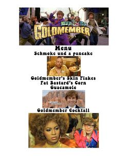 Austin Powers in Goldmember Dinner Menu Goldmember Theme Party, Movie Themed Dinner Ideas Adult, Gold Member Austin Powers, Movie Dinner Theme Night Adult, Movie Themed Dinner Ideas For Couples, Dinner And Movie Theme Night Adults, Movies With Food Themes, Movie Themed Dinner, Themed Dinner Ideas