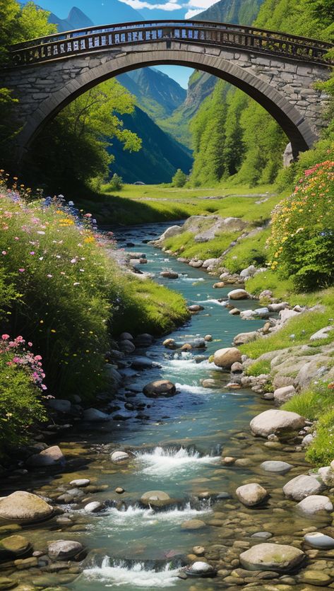 Mountains, stones, meadows, flowers, and a bridge across a tiny river. Bridge Wallpaper, Christmas Posts, Rock Background, 50 Christmas, Clear Lake, Aesthetic Pastel Wallpaper, Mountain Lake, A Bridge, Back Garden