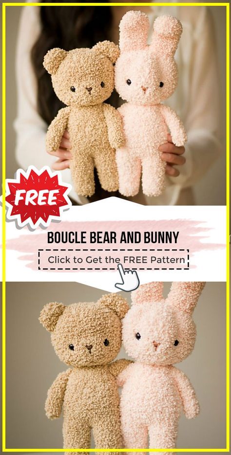 crochet Boucle Bear and Bunny free pattern - FREE Crochet amigurumi Pattern for Beginners. Click to Get the Pattern #amigurumi #crochetpattern #crochet via @shareapattern.com Bear Pattern Crochet Free, Super Bulky Amigurumi Pattern Free, Bunny Pattern Crochet Free, Cute Bear Crochet Pattern, Chunky Bunny Crochet Pattern Free, Crochet Bear Patterns Free, Amigurumi Free Pattern Bulky Yarn, How To Crochet A Bear For Beginners, Fluffy Amigurumi Free Pattern