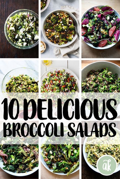 This roundup of quick and easy broccoli salad recipes includes a variety make-ahead salads loaded with nuts, seeds, and healthy dressings. #broccoli #salads #healthy #quick #easy Broccoli Salad Recipes Healthy, Broccoli Raw Recipes, Broccoli Salad Ideas, Raw Broccoli Salad Recipes, Greens And Grains Salad, Recipe Broccoli Salad, Brocolli Salad Recipes Healthy, Vegan Broccoli Salad Recipe, Broccoli Recipes Salad