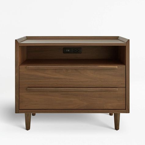 Tate 2-Drawer Midcentury Nightstand with Power Outlet + Reviews | Crate and Barrel Crate And Barrel Tate Nightstand, Crate And Barrel Tate Bedroom, Crate And Barrel Nightstand, Midcentury Nightstand, Charging Nightstand, Bookcase Bar, Walnut Bookcase, Mid Century Modern Nightstand, Mid Century Nightstand