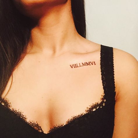 Collar bone tattoo roman numerals Wedding Date Tattoos, Collar Bone Tattoo Quotes, Tattoo Name Fonts, Roman Numeral Tattoos, Bone Tattoo, Date Tattoos, Bone Tattoos, Collar Bone Tattoo, Collar Bone