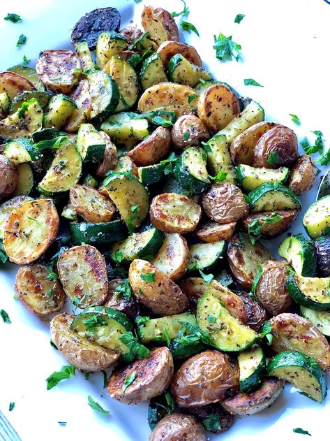 Roasted Potatoes and Zucchini - The Menu Maid Roasted Potatoes And Zucchini, Potatoes And Zucchini, Potato And Zucchini, Oven Baked Potato, Zucchini In The Oven, Roasted Baby Potatoes, Roast Zucchini, Pan Meals, Baby Potatoes