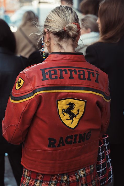 Street Style Shots: London Fashion Week Day 3 – PAUSE Online | Men's Fashion, Street Style, Fashion News & Streetwear F1 Fashion, Ferrari Girl, Vintage Racing Jacket, Racer Jackets, F1 Merch, Ferrari Jacket, Forza Ferrari, Ferrari Red, Racing Jackets