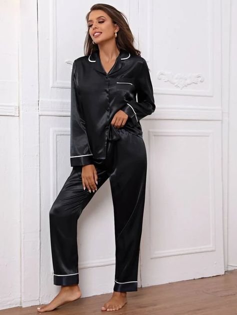 Contrast Binding Button Front Lapel Collar Satin PJ Set | SHEIN USA Pijama Satin, Bridesmaid Pjs, Womens Loungewear Sets, Satin Pj Set, Pyjama Satin, Satin Long Sleeve, Satin Pyjama Set, Satin Pajamas, Loungewear Sets