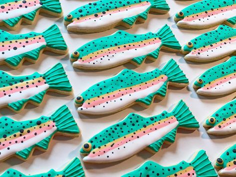 Rainbow Trout Cookies, Fish Sugar Cookies, Camping Cookies, Fish Cookies, Royal Icing Sugar, Royal Iced Cookies, Trout Fish, Icing Design, Dads Birthday