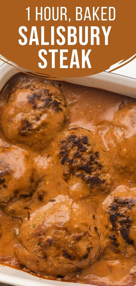 Baked Salisbury Steak, Baked Salisbury Steak Recipe, Turkey Salisbury Steak, Baked Hamburgers, How To Cook Hamburgers, Homemade Salisbury Steak, Hamburger Steak And Gravy, Easy Salisbury Steak, Salisbury Steak Recipe