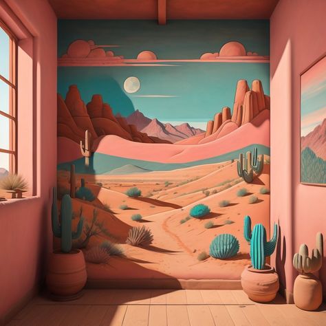 Desert Wall Painting, Southwest Mural, Desert Inspired Bedroom, Desert Mural Wall, Yoga Studio Mural, Desert Mural Paintings, Desert Mural Wallpaper, Cool Murals, Desert Mural