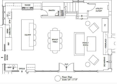 Open Concept Kitchen Family Room Floor Plan. Kitchen Floor Plan. Kitchen Layout Ideas. Open Concept Kitchen Family Room Floor Plan. The room is 35'-8" long by 23'-5" deep. The kitchen portion is within that (12'-5" by 23'-5"). #OpenConcept #Kitchen #FamilyRoom #FloorPlan Heydt Designs. Benjamin Dhong Interiors. Open Concept Kitchen Living Room Straight, Floorplan Open Concept, Open Space Kitchen Dining Living, Rectangle Kitchen Dining Living Layout, Living Room And Kitchen Floor Plan, Sitting Room Ideas Open Floor Plan, Open Kitchen Plan Layout, Large Open Kitchen Layout, Long Narrow Kitchen Dining Living Room Layout