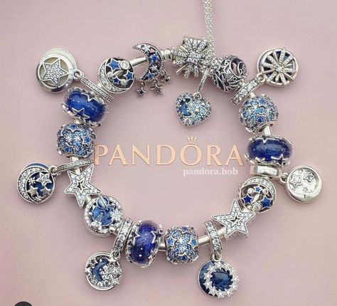 Blue Pandora Bracelet Ideas, Dark Blue Pandora Bracelet, Blue Pandora Bracelet, Pandora Charm Bracelet Aesthetic, Pandora Bracelet Aesthetic, Pandora Bracelet Ideas, Pandora Bracelet Charms Ideas, Charm Bracelets For Girls, Girly Bracelets