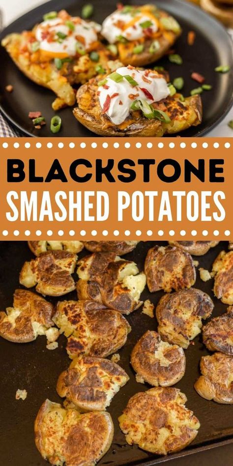 Blackstone Smashed Potatoes Recipe - grillonadime.com Fun Blackstone Meals, Loco Griddle Recipes, Keto Blackstone, Outdoor Griddle Recipes, Blackstone Cooking, Griddle Cooking Recipes, Smashed Potatoes Recipe, Outdoor Cooking Recipes, Blackstone Recipes