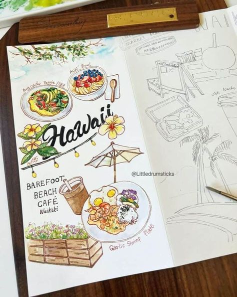 Food is a big part of your trip; it's one of the best ways to experience new cultures if you ask me. So why not create a special page in your travel journal just about food? Hawaii Travel Journal, Veggie Plate, Vacation Hawaii, Hawaii Art, Travel Sketches, Hawaii Vacation, Hawaii Travel, Travel Art, Painting Art