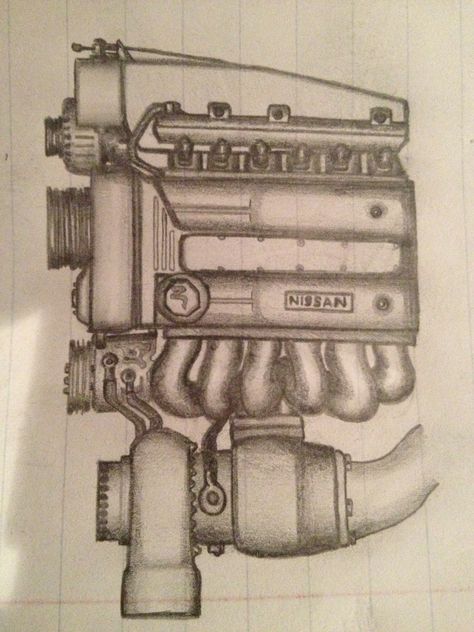 I6 Nissan Single Turbo Sketch Pencil on Paper Drawn by Pablo I. Diaz Car Engine Drawing, Car Sketch Pencil, Turbo Drawing, Engine Sketch, Engine Drawing, Car Drawing Pencil, Car Drawing Easy, Steampunk Drawing, Creative School Project Ideas