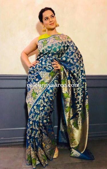 Kangana Ranauth in Peacock Blue Benaras Saree Peacock Blue Saree, Kangna Ranaut, Saree Blouses Designs, Saree Wearing Styles, Saree Blouse Neck Designs, Ethnic Beauty, Kangana Ranaut, Blouses Designs, Indian Saree Blouses Designs