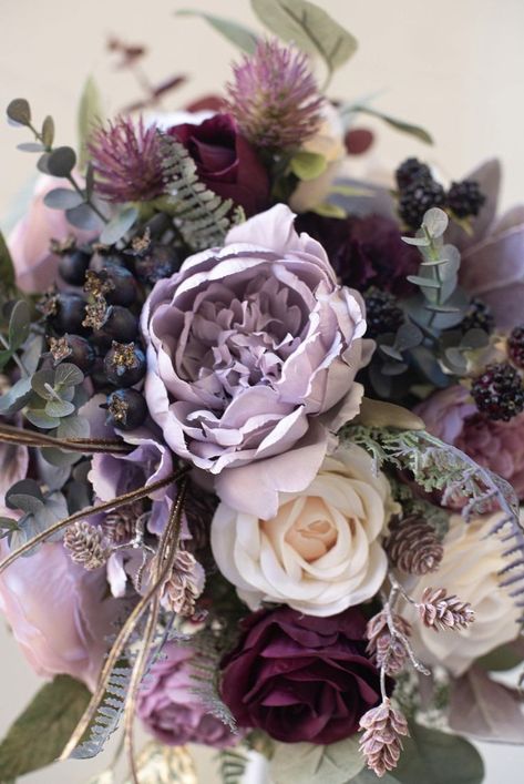 Lavender And Wine Wedding Colors, Purple Burgundy Wedding Flowers, Purple And Burgundy Bouquet, Deep Purple Flower Arrangements, Taupe And Purple Wedding, Purple Roses Centerpieces, Plum Wedding Flowers Bride Bouquets, Rustic Purple Bouquet, Shades Of Purple Fall Wedding