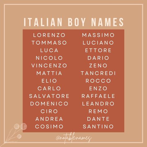 Gosh do I love an Italian name. They sound so melodic, almost always end in a vowel and just feel fantastic when you say them out loud. There's just something about them that feel oh so cool and romantic. The best part is so many names translate well in English speaking countries as well! Italian names are also a great way to nod to your italian heritage and can always be used as a fun middle name too. #boynames #babynames #babynameinspo #babyboynames #babynameideas #babynamesuggestions #b... Rare Italian Names, Italian Mafia Names, Italian Male Names, Boy Names Italian, Italian Last Names, Italian Boy Names, Italian Names Boy, Italian Girl Names, Italian Names