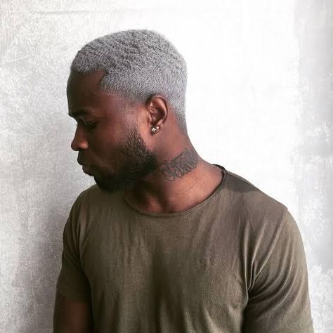 Black Man With Dyed Hair, Grey Hair Men Dyed, Grey Men Hair, Black Man Colored Hair, Grey Dyed Hair Men, Light Grey Hair Color, Dyed Hair Men Black, Black Men Hair Color Ideas, Black Men Blonde Hair