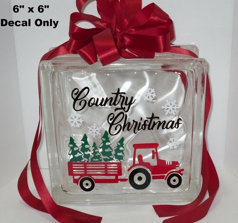 Glass Blocks With Lights, Painted Glass Blocks, Christmas Glass Blocks, Christmas Tractor, Decorative Glass Blocks, Glass Block Crafts, Lighted Glass Blocks, American Flag Decal, Christmas Blocks