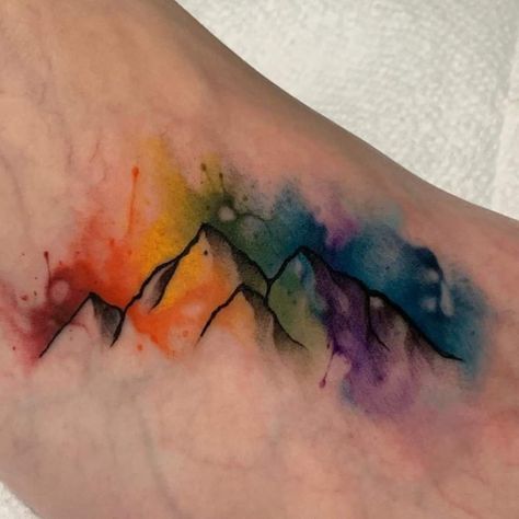 Tornado Tattoo, Watercolor Mountains Tattoo, Montana Tattoo, Collage Tattoo, Watercolor Tattoo Ideas, Shoulder Cap Tattoo, Running Tattoo, Mountain Watercolor, Whimsical Tattoos