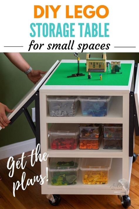 DIY Lego table with storage for small spaces. Perfect for older kids. Full tutorial, plans and video! #anikasdiylife Lego Storage Table For Older Kids, Small Lego Play Area, Lego Table Small Spaces, Diy Lego Tray With Storage, Foldable Lego Table, Small Space Lego Storage, Folding Lego Table, Small Lego Table, Homemade Lego Table