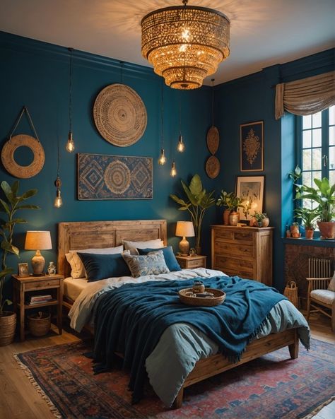 Jewel Tone Blue Bedroom, Moroccan Blue Bedroom, Teal Boho Bedroom Ideas, Mineral Blue Bedroom, Bedroom Decor With Blue Walls, Dark Teal Boho Bedroom, Blue Brown Bedroom Ideas, Bedroom Dark Blue Accent Wall, Dark Blue Master Room