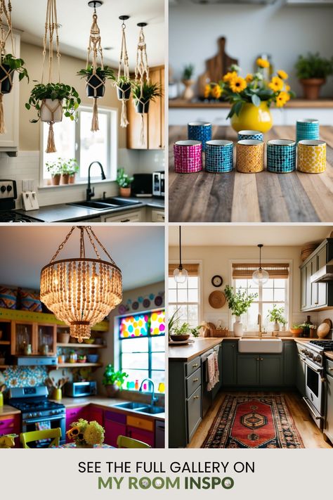 A collage showcasing 4 vibrant boho kitchen designs featuring eco-friendly materials, earthy colors, and creative decor ideas. Perfect for anyone looking to add a unique touch to their kitchen! Whimsical Kitchen Ideas, Moody Boho Kitchen, Boho Kitchen Remodel, Small Boho Kitchen, Boho Kitchen Decor Ideas, Explore Decor, Bohemian Kitchen Decor, Boho Kitchen Ideas, Kitchen Boho