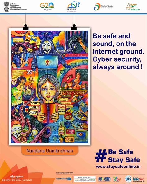 Painting of the day🖌️ 🎨 Artist - Nandana Unnikrishnan #staysafeonline #cybersecurity #g20india #g20dewg #besafe #staysafe #mygov #ssoindia #meity #g20org #parents #g20summit #mygovindia #children #positivevibes #mom #saturdaynight #saturday For more content visit our website or click the link in the bio - https://www.staysafeonline.in/ For more videos subscribe to our YouTube channel https://www.youtube.com/@ssoindia/videos G 20 Summit Drawing, Cybersecurity Drawing, Safer Internet Day Posters, Digital India Posters Design, G20 Poster Drawing, Digital India Drawing, Cybersecurity Poster, Social Media Poster Drawing, Anti Ragging