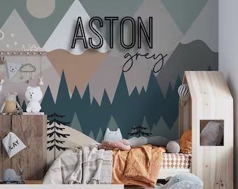 GrainsandknotsSigns - Etsy Baby Boy Mountain Nursery, Mountain Mural Kids Room, Mountain Nursery Wall, European Wallpaper, Mountain Bedroom, Nursery Wall Painting, Baby Decorations, Nursery Accent Wall, Premium Wallpaper