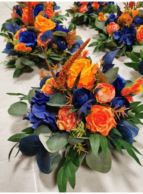 Burnt Orange Navy Blue Table Centerpiece, Floral Table Decor, Blue Orange Wedding Decor - Etsy Canada Orange Blue Flower Arrangement, Orange Wedding Decor, Orange And Blue Wedding, Blue Orange Weddings, Orange Wedding Decorations, Navy Blue Wedding Theme, Floral Table Decor, Sprinkle Ideas, Blue Table Settings