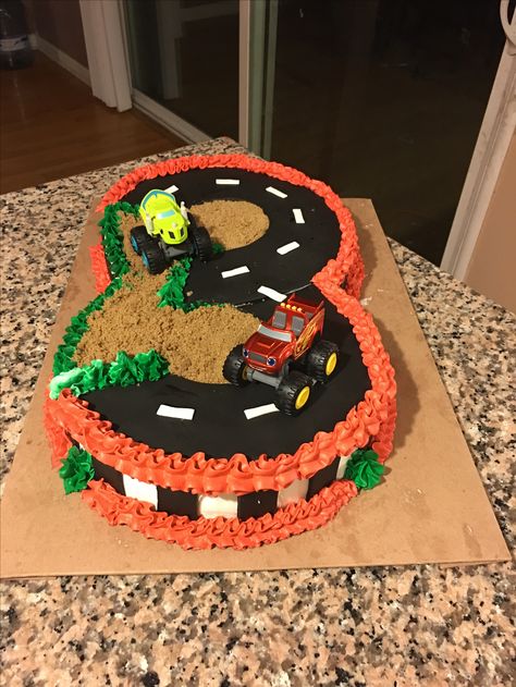 Blaze and monster trucks friends number 3 cake Cake Monster Truck, Number 3 Cake, Blaze Birthday Cake, Blaze And The Monster Machines Cake, Number 3 Cakes, Blaze Cakes, Shared Birthday Parties, Blaze Birthday Party, Lightning Mcqueen Cake