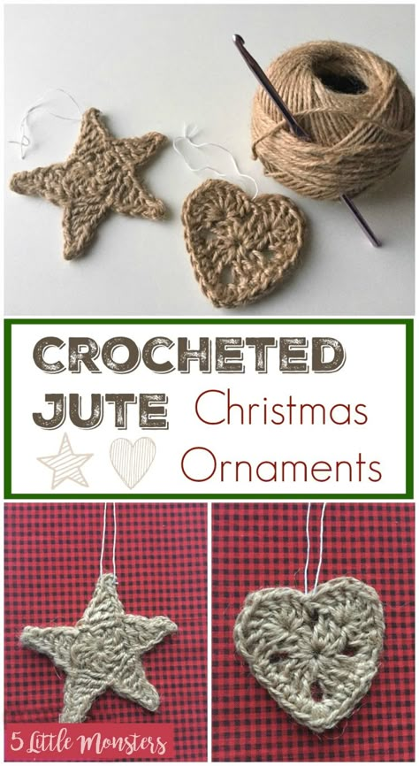 5 Little Monsters: Crocheted Jute Ornaments Crocheted Christmas Ornaments, Crocheted Ornaments, Rustic Crochet, Xmas Crochet, Crochet Jute, Chirstmas Decor, Crocheted Christmas, Crochet Xmas, Crochet Christmas Decorations