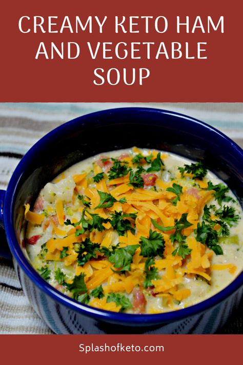 In less than an hour, you can have this creamy keto ham and vegetable soup on your dinner table! Fresh vegetables, savory ham, and a rich delicious broth come together perfectly in this comfort food soup! Enjoy! Keto Ham Broccoli Cheese Soup, Keto Ham And Bean Soup Recipes, Keto Ham And Bean Soup, Low Carb Ham Soup Recipes, Keto Ham Soup Recipes, Keto Ham Soup, Ham And Vegetable Soup, Recipes Using Ham, Ham Bone Recipes