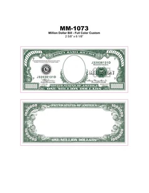 Full Color Million Dollar Bill Template Fake Dollar Bills Printable, Dollar Bill Template, Fake Money Printable, One Million Dollar Bill, Fake Dollar Bill, Play Money Template, Printable Play Money, Money Template, Dollar Banknote