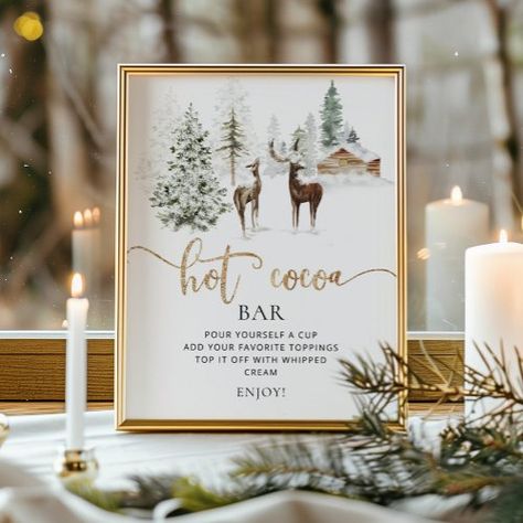 $11.40 | Hot cocoa bar sign. Woodland forest hot cocoa bar #watercolor, baby shower, christmas, holidays, hot chocolate bar, warm up, hot cocoa bar, woodland forest, deer, gold foil Wedding Hot Cocoa Bar, Hot Cocoa Bar Wedding, Cocoa Bar Sign, Hot Cocoa Bar Sign, Baby Shower Christmas, Forest Deer, Sprinkle Shower, Hot Chocolate Bar, Bar Poster