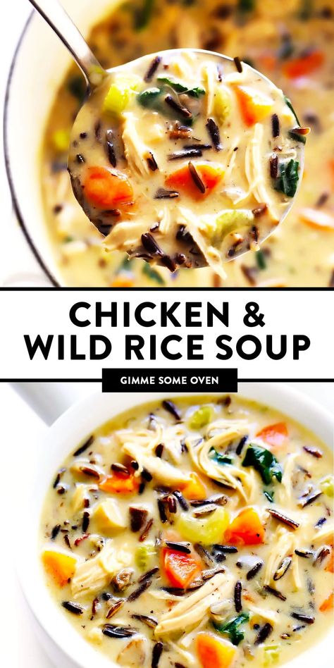 The BEST chicken and wild rice soup -- made with tender chicken and rice, an extra helping of veggies and greens, plus the most delicious creamy rosemary broth. Delicious comfort food that's also great for meal prep lunches or dinner! | gimmesomeoven.com #chicken #soup #rice #dinner #healthy #glutenfree #comfortfood #italian #mealprep #stew #onepot Chicken And Wild Rice Soup, Wild Rice Soup Recipes, Chicken Wild Rice, Chicken Wild Rice Soup, Soup Rice, Rice Soup Recipes, Chicken And Wild Rice, Hearty Chicken, Rice Dinner