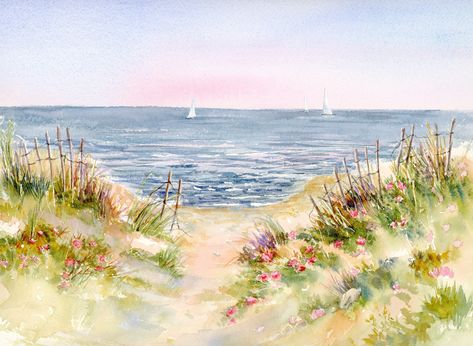 Cape Cod Sailboats Beach Roses Watercolor Print, Coastal Wall Art, Seascape Painting by LynneValeriArtStudio on Etsy Cape Cod Wall Art, Cape Cod Painting, Summer Widgets, Beach Roses, Hamptons Art, Seaside Wall Art, Roses Watercolor, Beach Watercolor, Scene Art