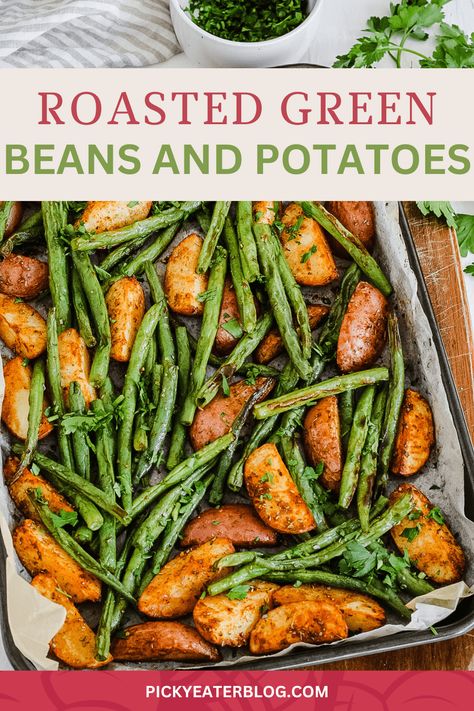 Oven roasted green beans and potatoes is the side dish that will keep your family coming back for more! In just 35 minutes with one sheet pan, you'll have a healthy and delicious side to pair with almost any main dish. Fingerling Potatoes And Green Beans, Roast Potatoes And Green Beans, Green And Yellow Beans Side Dishes, Roasted Potatoes And Green Beans In Oven, Sheet Pan Potatoes And Green Beans, Green Bean Potato Recipes, Baked Green Beans Oven, Sheet Pan Green Beans, Roasted Green Beans And Potatoes