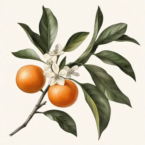 ↑↑↑ Larger size on website 🔸 A delicate illustration of an orange tree branch with two ripe oranges and white blossoms. The orang Orange Tree Branch, Dorm Art, Citrus Sinensis, Ripe Fruit, Cool Wall Art, Deep Orange, Beautiful Illustration, Orange Tree, Orange Fruit