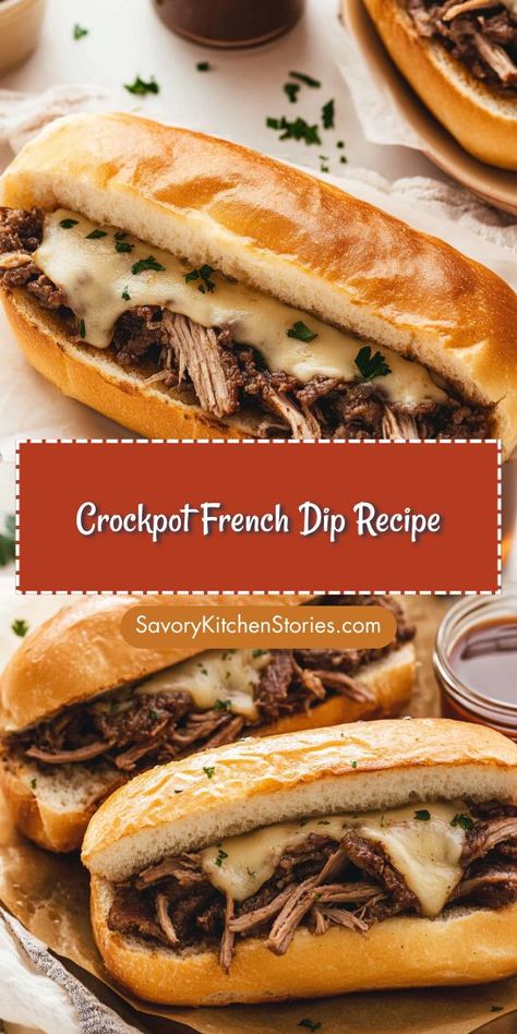 Looking for a delicious, hassle-free meal that warms your soul? This Crockpot French Dip Recipe is the perfect solution for busy weeknights! Enjoy tender, flavorful beef with melted cheese on a crusty roll. Save this recipe for an easy, satisfying dinner idea you'll want to make again and again! Warm Dips Crockpot, Crockpot French Dip, French Dip Recipe, French Dip Sandwich Crockpot, Cheese Dip Crock Pot, French Dip Recipes, Au Jus Recipe, French Dip Crock Pot, Beef Dip