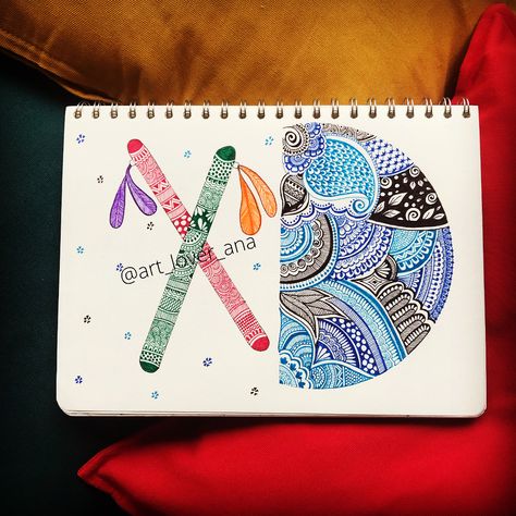 Colorful zendoodle and mandala with dandiya Dandiya Mandala Art, Dandiya Painting, Navratri Mandala Art, Meaningful Paintings, Navratri Festival, Colorful Mandala, Zen Doodle, Indian Festivals, Mandala Drawing