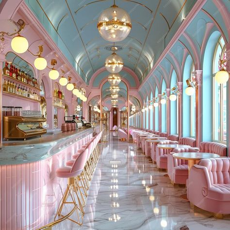 Premium Photo | Whimsical ice cream parlor with pastel colors and vintage decor d render Ice Cream Parlor Design, Fancy Cafe Interior, Ice Cream Parlor Interior Design, Pastel Cafe, Ice Cream Parlor Interior, Sweet Shop Interior, Ice Cream Parlour Interior, Ice Cream Shop Ideas, Cute Restaurant