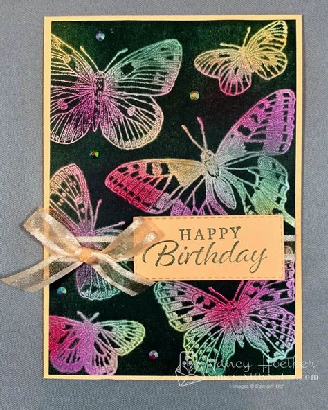 Butterfly Brilliance by Stampin' Up! shows off the 2021-2023 In Colors through the Joseph's Coat technique. #nancysniftynotes Su Butterfly Cards, Stampin Up Butterfly Brilliance Cards, Su Butterfly Brilliance, Stampin Up Butterfly Brilliance, Butterfly Brilliance Stampin Up Cards, Butterfly Brilliance, Joseph's Coat, Ink Techniques, Josephs Coat