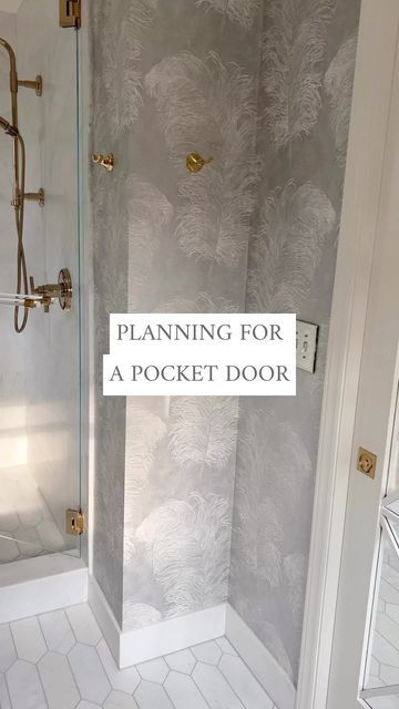 Amy Vermillion Interiors on Instagram: "Planning for your pocket door! They have a bad rap because we think of pocket doors as flimsy and ugly. But they are very functional and fantastic when executed well. Watch to see some tips on achieving a pocket door worth having. 🤍Amy" Pocket Door Powder Room, Modern Pocket Doors Bathroom, Bathroom Pocket Door Ideas, Bathroom Pocket Door, Pocket Door Bathroom, Mirror Pocket Door, Small Bathroom Door, Modern Pocket Doors, Pocket Doors Bathroom