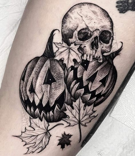 Skull And Pumpkin Tattoo, Jack O Lantern Tattoo Black And White, Pumpkin Skull Tattoo, Spooky Lantern Tattoo, Black And White Pumpkin Tattoo, Small Jack O Lantern Tattoo, Halloween Arm Tattoo, Halloween Knee Tattoo, Jackolantern Tattoo