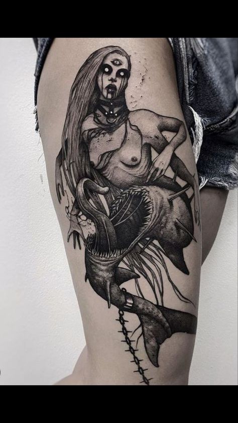 Cool Nature Tattoos, Mermaid Sleeve Tattoos, Nature Tattoo Ideas, Siren Tattoo, Monster Tattoo, Cool Nature, Nature Tattoo, Witch Tattoo, Scary Tattoos