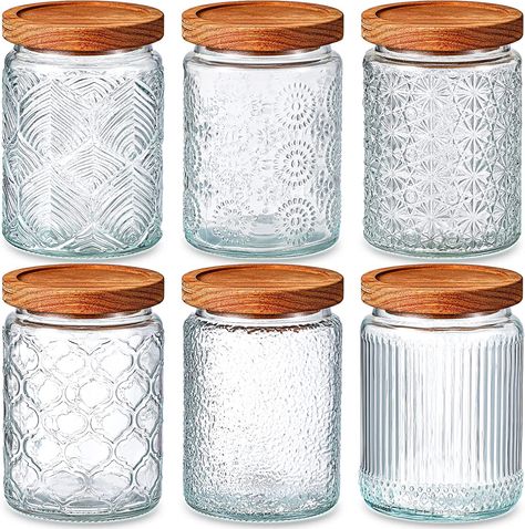 Sumind 6 Pcs Glass Food Storage Containers with Wood Lids 24 oz Airtight Vintage Glass Jar with Lid Decorative Candy Cookie Jar Clear Glass Canisters Kitchen Storage Jars for Coffee Sugar Spice Flour Wood Lids, Kitchen Storage Jars, Decorative Glass Jars, Glass Jar With Lid, Glass Storage Containers, Candy Cookie, Glass Jars With Lids, Glass Storage Jars, Glass Canisters