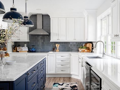 Kitchen Inspiration - Bertch - Marcus White and Cobalt Color Combinations Design, Bertch Cabinets, Contrasting Kitchen Island, Two Toned Kitchen Cabinets, Kitchen Door Styles, Kitchen Colour Combination, Showroom Inspiration, Two Tone Cabinets, Shaker Door Styles